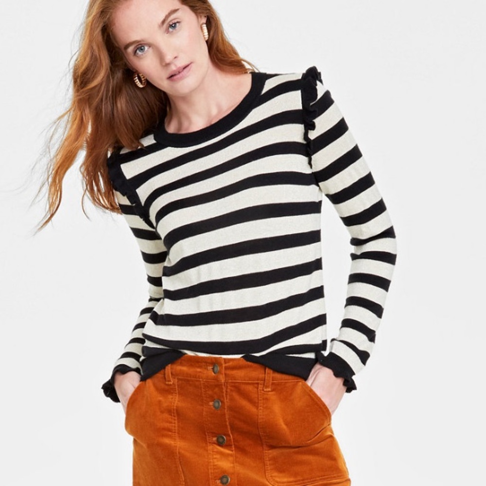 Ruffle-Trim Crewneck Lurex Sweater.
